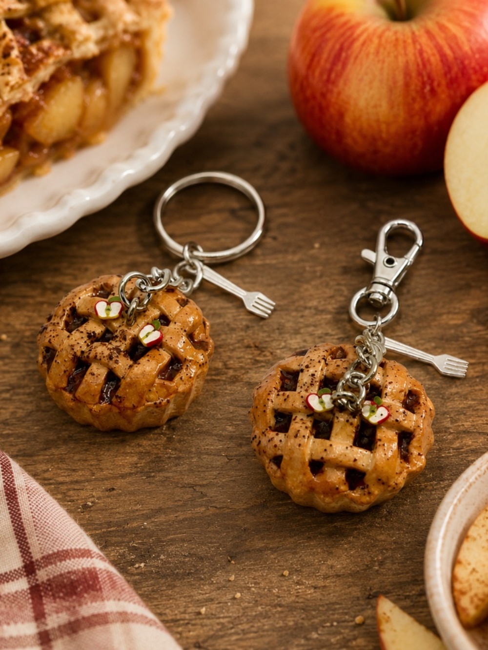 Apple Pie Keychain or Bag Clip | Handmade Dessert Accessory with Fork Charm